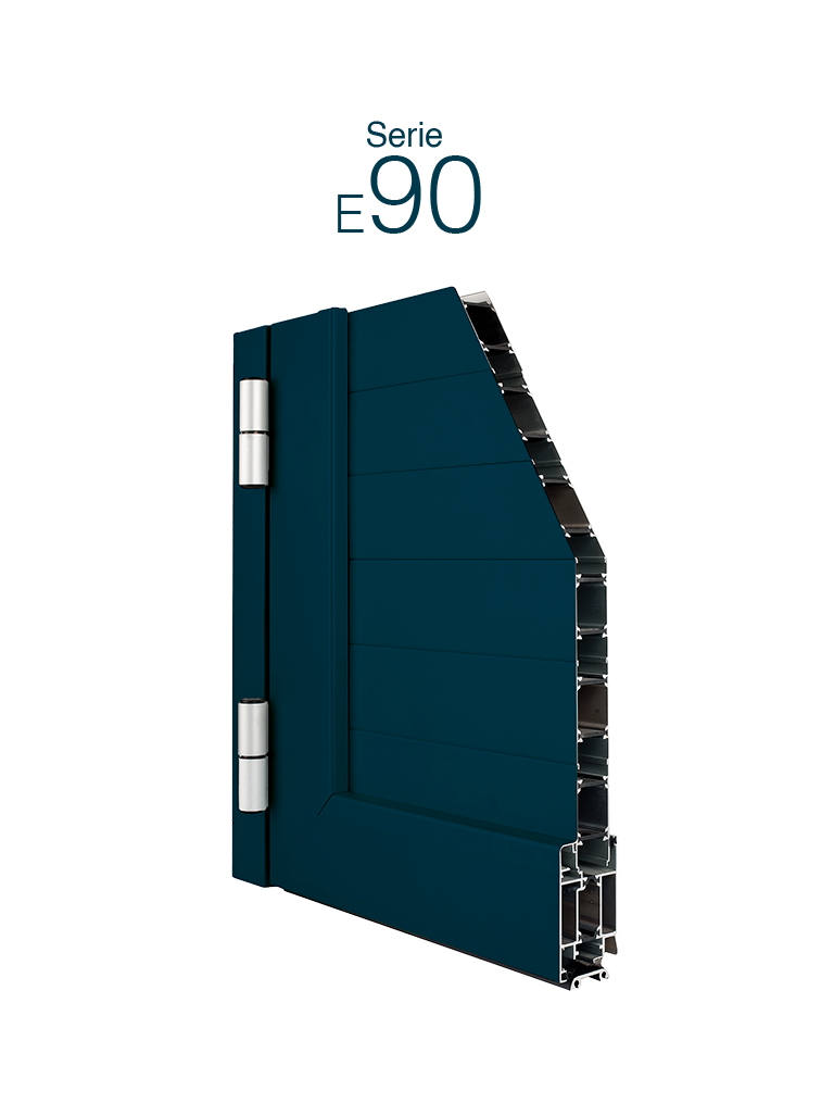 Serie-E90 Sistema de puerta practicable con Rotura de Puente Térmico, diseñada especialmente para entradas de tráficos medios e intensivos.